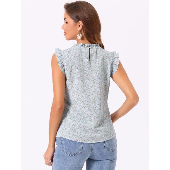 Ruffled Business Office Vintage Sleeveless Work Blouses Top Light Blue-Floral - Picture 3 of 6